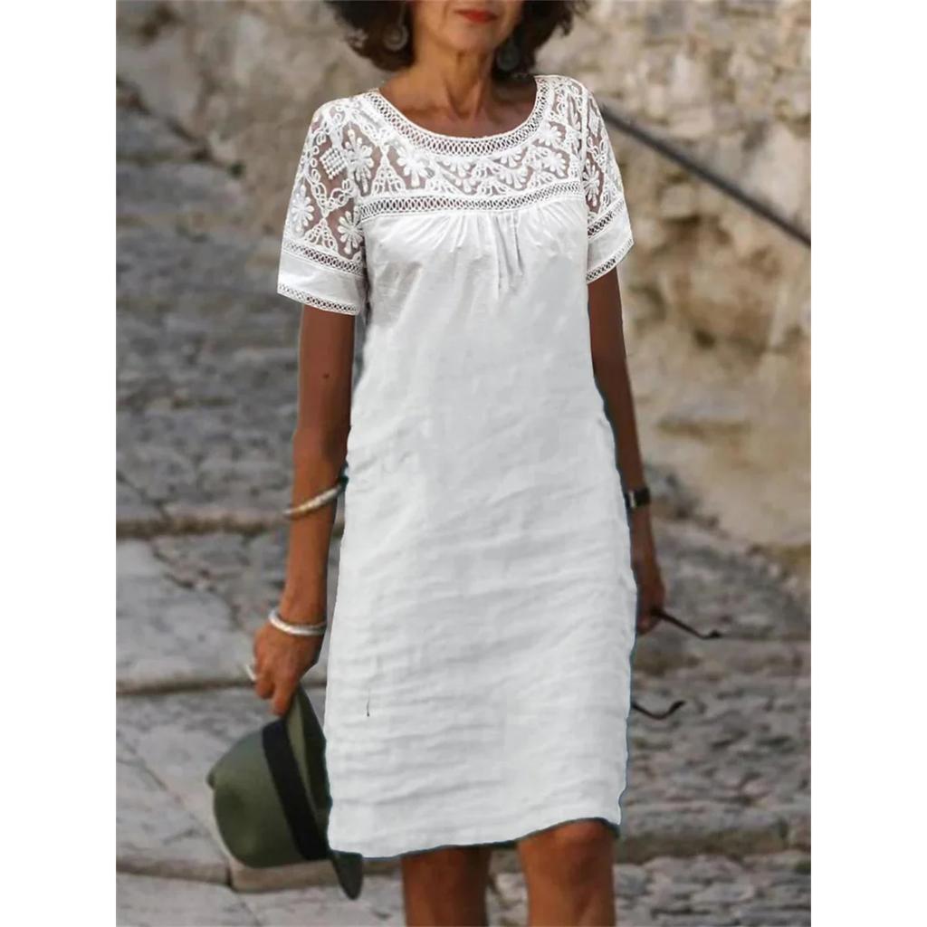 Women Lace Blouse Loose Dress Summer Female O-Neck Short Sleeve Lace  Cotton Linen Mini Party Dresses