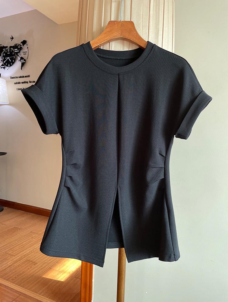 Waist-Hugging Batwing Sleeve Side Slit T-Shirt - Trendy Short Sleeve Top