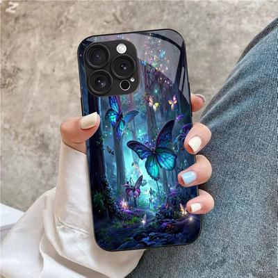 Dream Butterfly Luxury Smooth Black Tempered Glass Phone Case For iPhone 17 16 Pro Max 15 Pro 14 Plus 13 Cell Phone Back Case