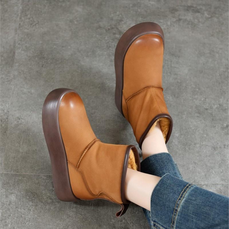 Johnature Genuine Leather Thick Soled Snow Boots Round Toe And Thickened Plush Warm Women's Cotton Boots