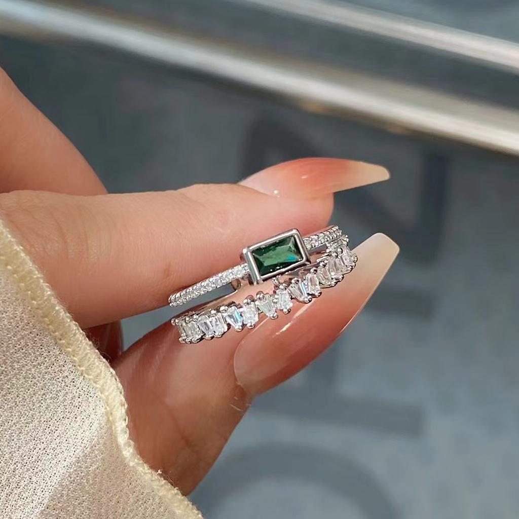 Fashionable Emerald Green Crystal Double Layer Ring Adjustable Opening Ring Copper Crafted Jewelry For Her