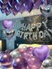 Purple and black birthday balloons, Happy Birthday party decorations, metallic silver latex balloons, heart-shaped balloons