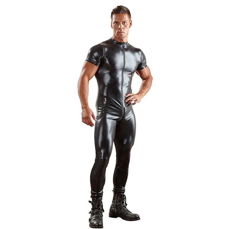 Sexy Men Shiny Pu Faux Leather Catsuit Jumpsuit Nightclub Erotic Lingerie Wetlook Latex Zentai Jumpsuit Costume