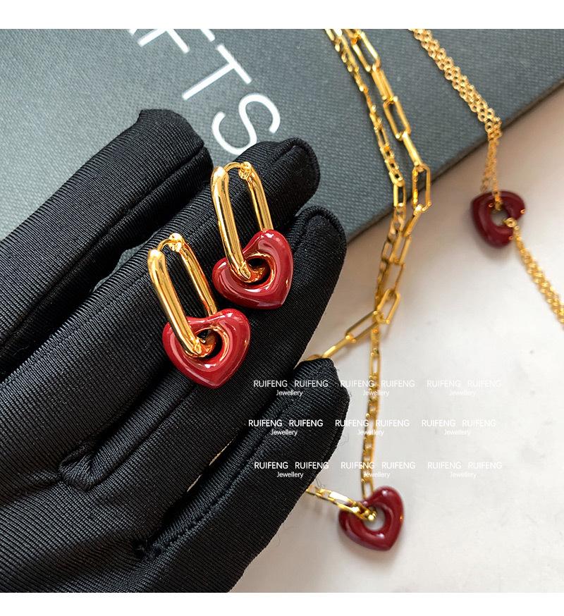 Set colier cu inimă galvanizată cu aur și cercei Love pentru femei - Design elegant cu glazură roșie, lanț pentru claviculă de calitate superioară