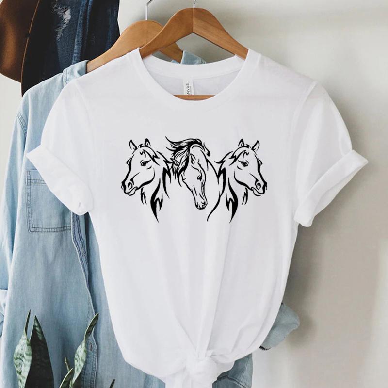 Harajuku Mode T-Shirt Druck Weiß Schwarz Pferd Grafik Damen T-Shirt Kurzarm Weiblich Sommer Pferd Lässig Locker T-Shirt