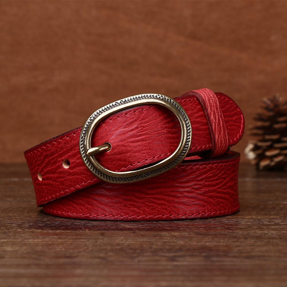 Women's Genuine Leather Engraved Copper Buckle First Layer Cowhide Casual Personality Retro Denim Thin Belt
