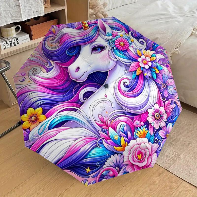 1pc Colorful Unicorn Floral Artwork Umbrella with Plastic Handle,Suitable for All Seasons Home Travel Outdoor UmbrellaDD435
