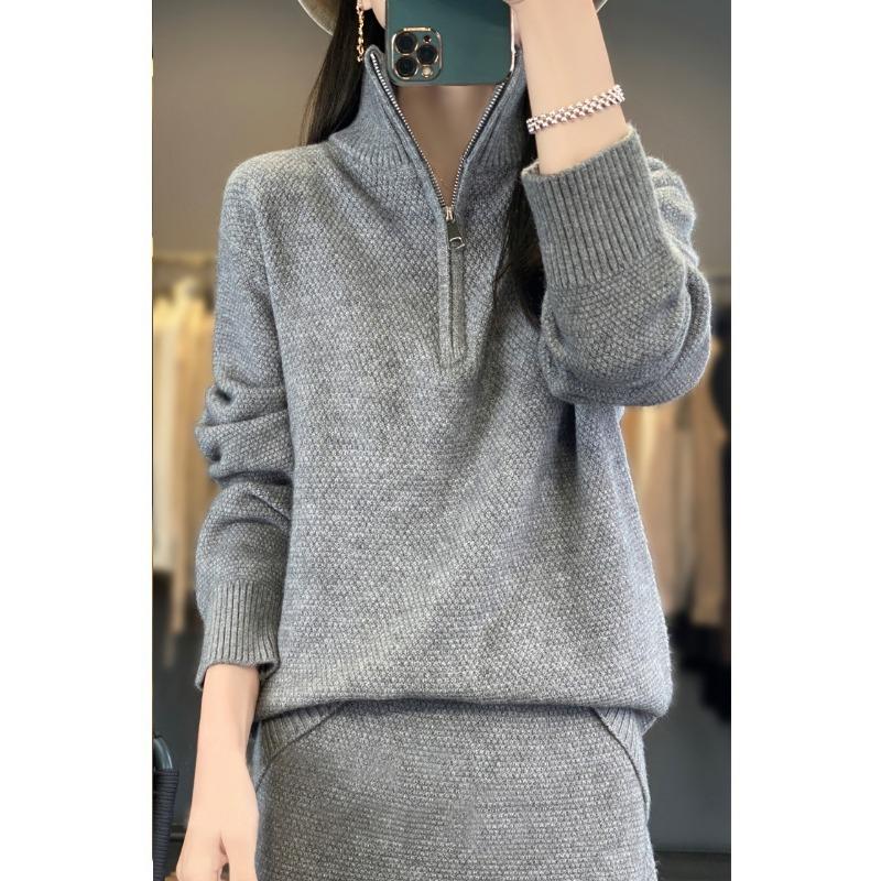 Half Zipper Turtleneck Sweater Two-piece Set Autumn and Winter New Casual Thick Skirt Knitted Sweater Set Women