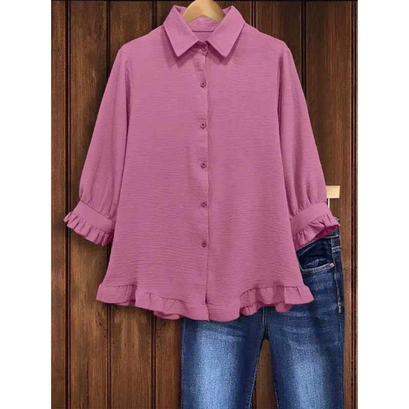 Womens Ice Silk Crinkle Polyester Shirt With Ruffled Trim Paneling For Elegant Office Wear