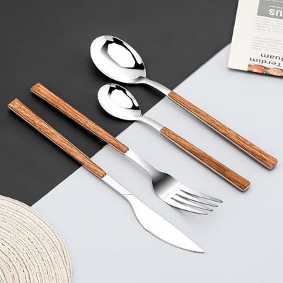 16/24/30 Piezas Juego de Cubiertos con Mango de Madera de Imitación de Acero Inoxidable Juego de Vajilla Plateada Cuchillo Cuchara Tenedor Juego de Vajilla de Mesa