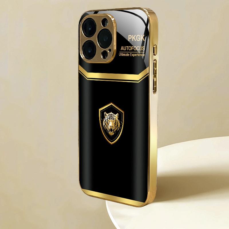 Cool Gold Tiger Pattern Gold Metallic Paint Glass Phone Case For iPhone 17 16 15 14 13 12 11 Pro Max 15 Plus 17 Air 16E Cover