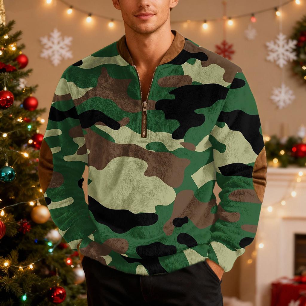 Men's Casual Camouflage Printed Semi-zipper Retro Long-sleeved Sports Sweatshirt