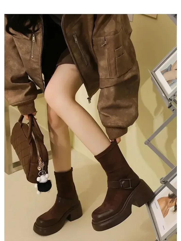 2024 Brown Long Boots Women Platform Elastic Socks Boots  British Wind Show Thin Metal Buckle Ankle Boots