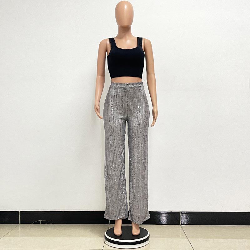 Pantalones de Lentejuelas de Cintura Alta y Pierna Ancha para Mujer 2025 - Moda Europea y Americana