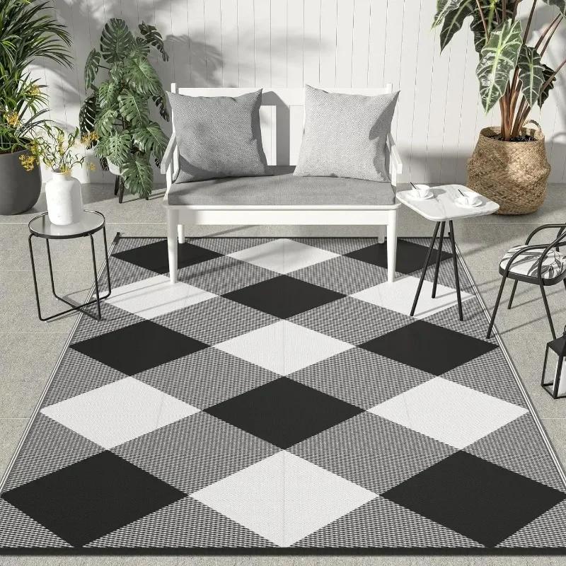 Retro Plaid Pattern Outdoor Carpet Geometrice Home Living Room Balcony Mat Camping Picnic Decorative Rugs Washable