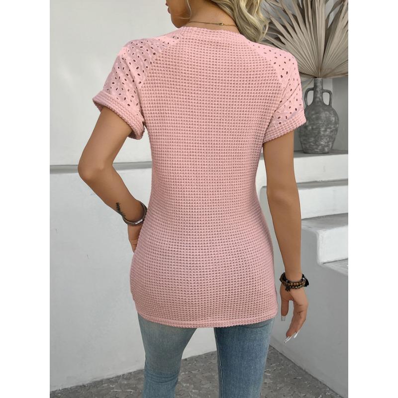 Summer Short Sleeve Thin Hollow Out Women Blouse O Neck Casual Simple Slim Fit Office T Shirt Ladies Fashion Elegant Solid Color Basic Tops Clothes
