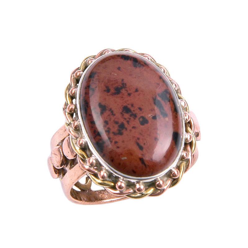 Natural Mahogany Red Obsidian Gemstone TwoTone 925 Sterling Silver Ring S.7 h8P94