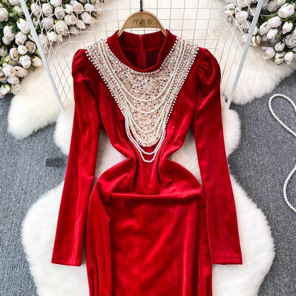 Autumn Winter Luxury Pearls Necklace Velvet Mermaid Dress Women's Stand Long Sleeve Sparkling Sequins Split Wedding Party Robe