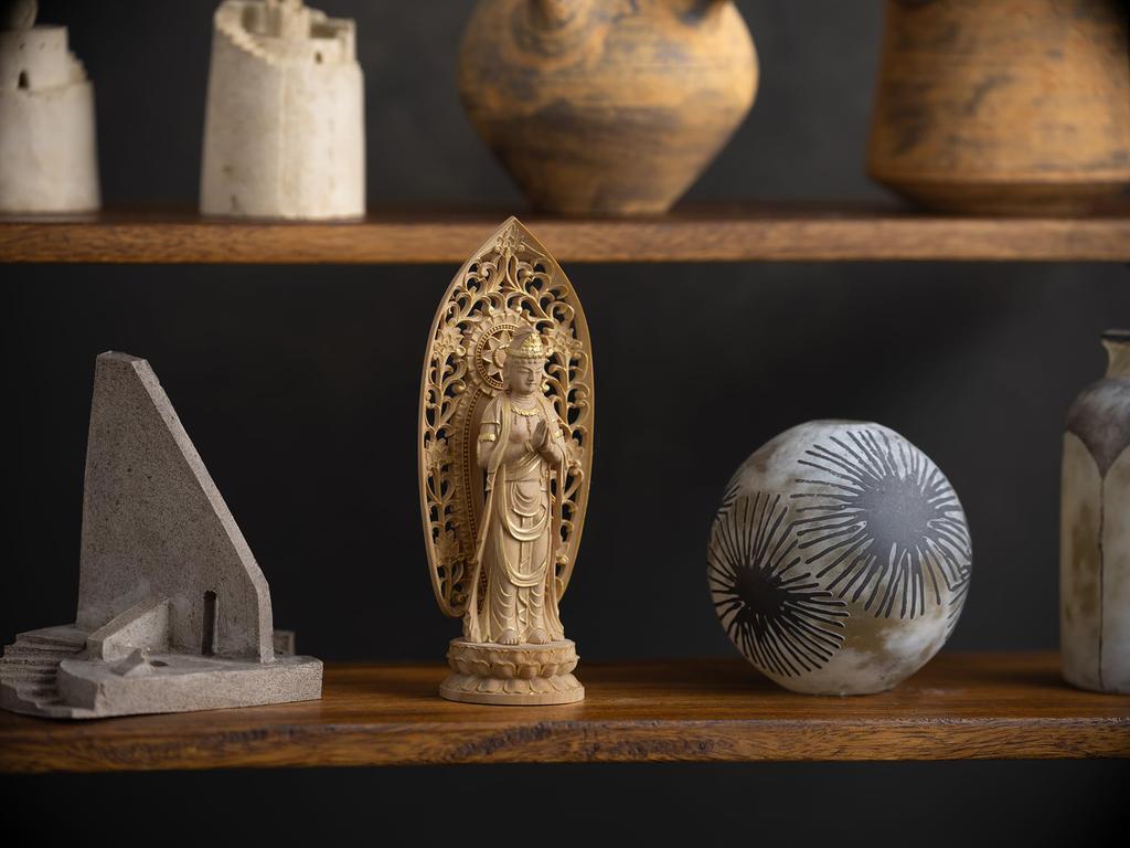 Miniature Kannon Buddhist wood ornament Gasshokannon Buddha, Bodhisattva, 12.5cm (wood boxwood, gold-dust finish) - Seikannon, statue, figure,