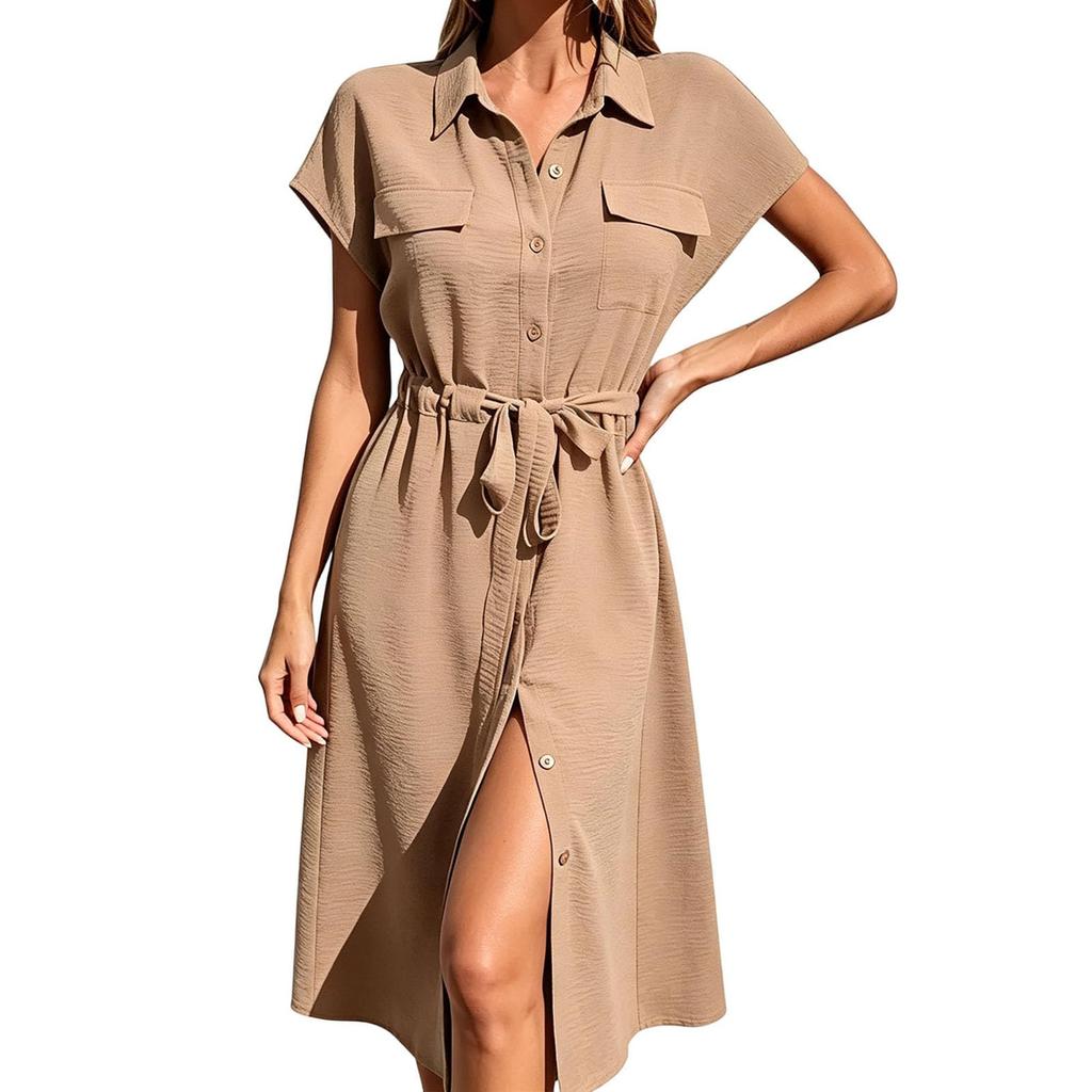 Women's Casual Button Down Shirt Dress with Waist Tie and Short Sleeves Midi Length Relaxed Fit Lightweight Fabric