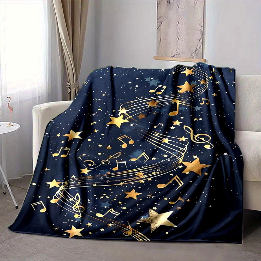 1pc Music Stars Print Blanket - Lightweight Flannel Throw Blanket For Sofa, Bed, Living Room, Office, Outdoor Travel, Camping, Soft All-Season Throw