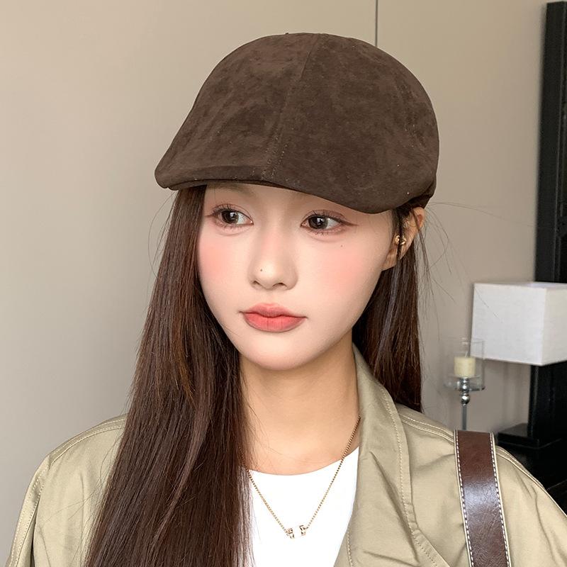 Suede Brown Forward Hat Women's Autumn and Winter British Retro Literary Beret Korean Style Face Showing Little Painter Hat