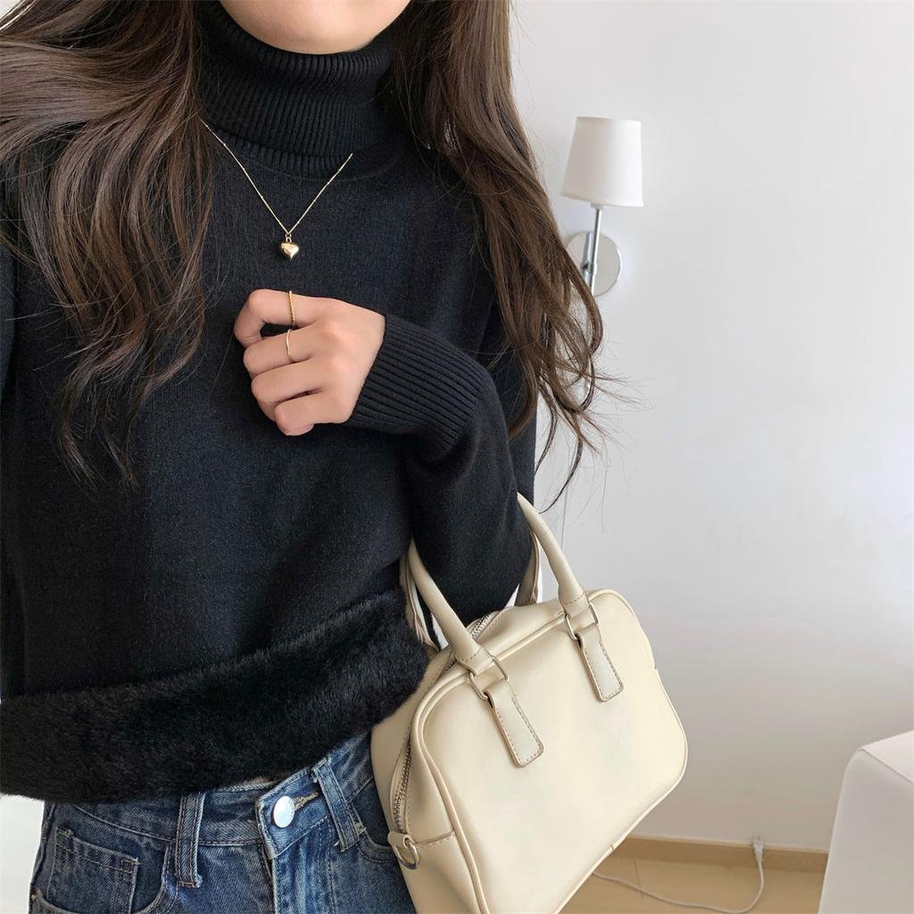 Solid color turtleneck integrated fleece thickened inner top women's winter simple basic knitted bottoming shirt soft waxy sweater