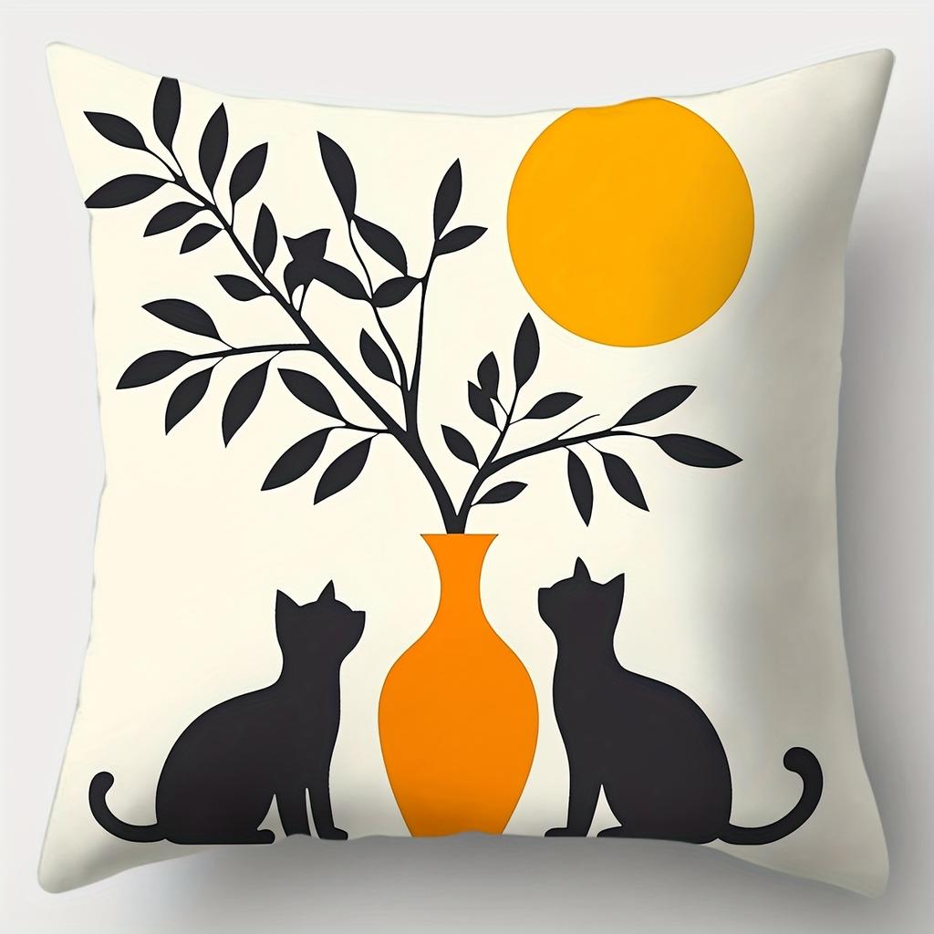 Black Cat Peeking Pillowcase Orange Background Cartoon Kitten Cushion Cover Cute Animal Home Decor for Living Room Bedroom Sofa