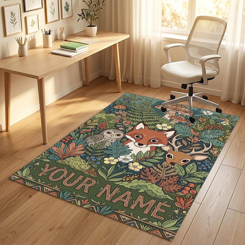 Forest Fox Theme Soft Crystal Velvet Rug Custom Name & Text Print Non Slip Floor Rug for Bedroom Living Room