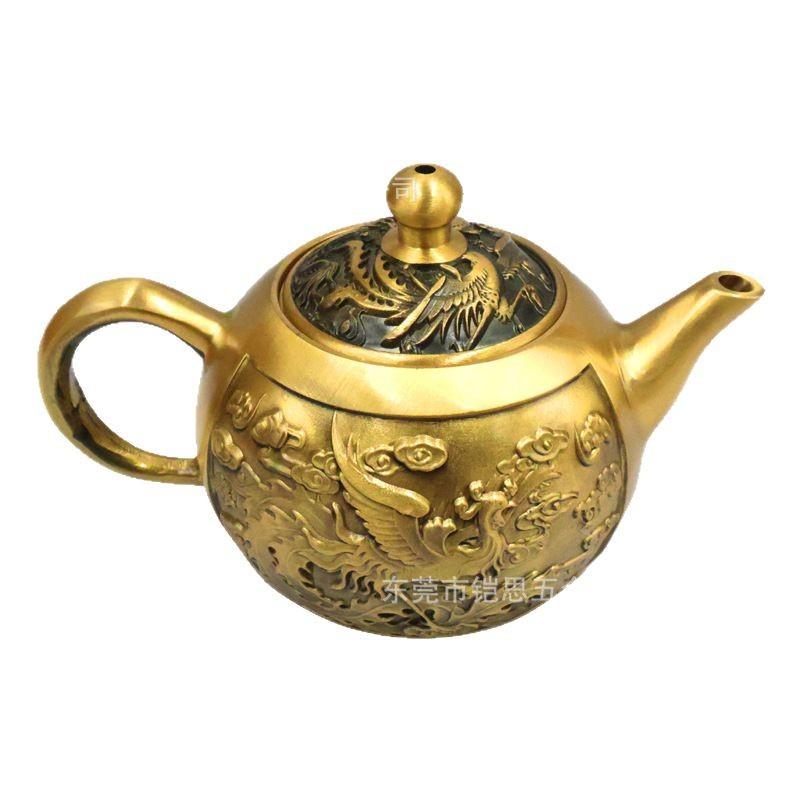 Brass Dragon and Phoenix Handheld Ornament Small Teapot Craft Set Wine Pot Office Tea Seat Home Decor