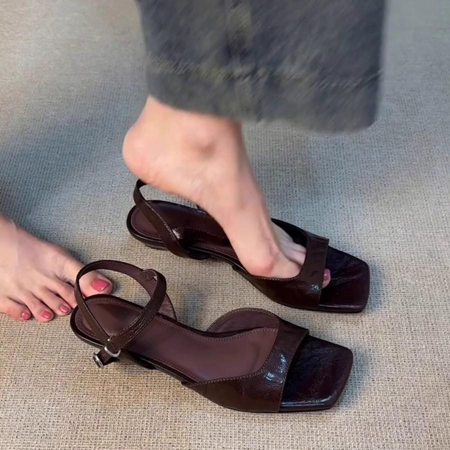 Soft leather version~ French temperament sandals women's spring new niche retro high heels with thick heels Roman shoes