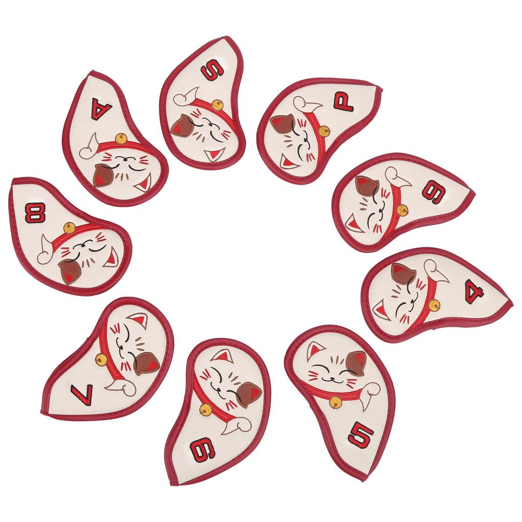 9pcs Golf Iron Cover Durable PU Golf Iron Head Covers Headcover Fortune Cat Embroidered