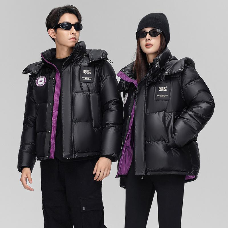 

Новая свободная куртка с капюшоном на пуху для мужчин и женщин, короткая зимняя парная утолщенная контрастная куртка XXL чёрный