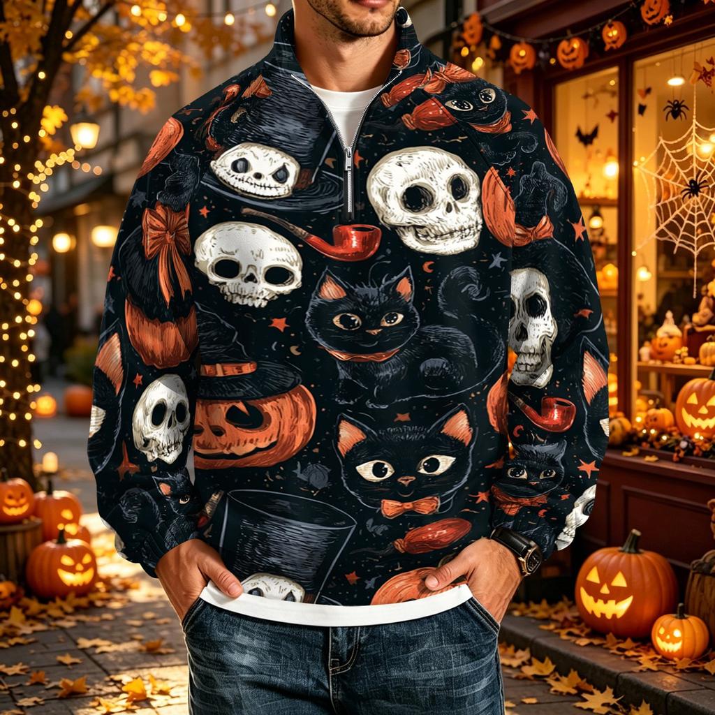 Men's Loose Fit Raglan Sleeve Sweatshirt with Stand Collar and Halloween Print for Parties and Daily Wear