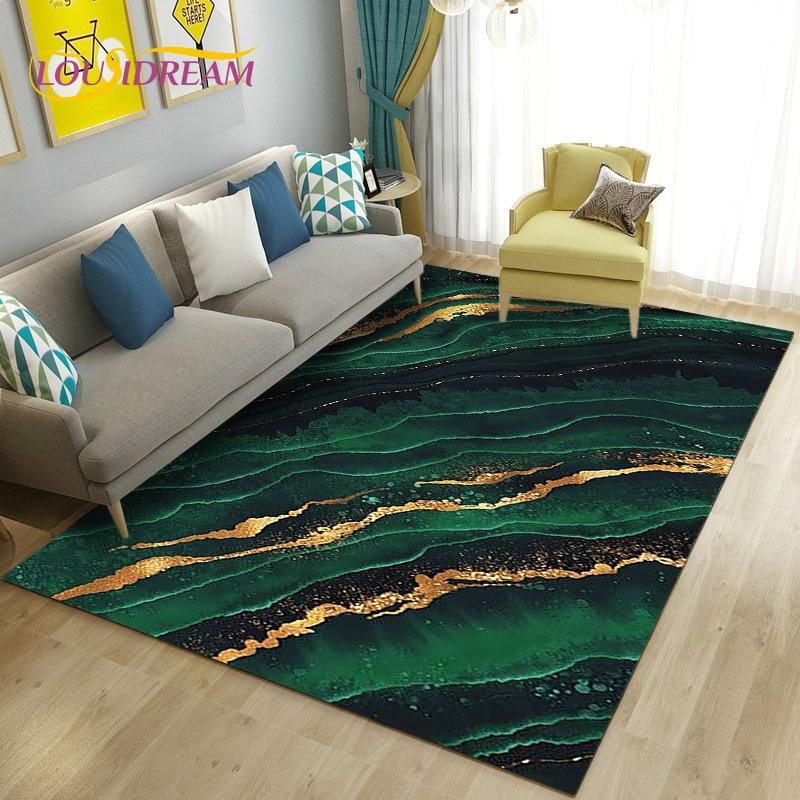 Nordic Marble Texture Goldren Cyan Area Rug Large,Carpet Rug for Living Room Bedroom Sofa Doormat Decor,Kid Non-slip Floor Mat