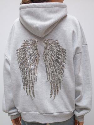 Y2K Retro Kanatlı Payetli Kapüşonlu Sweatshirt Melek Kanatlı Süslemeli Sweatshirt Harajuku Tatlı Bayan Günlük Sokak Giyimi Rahat Kesim Kazak Mont