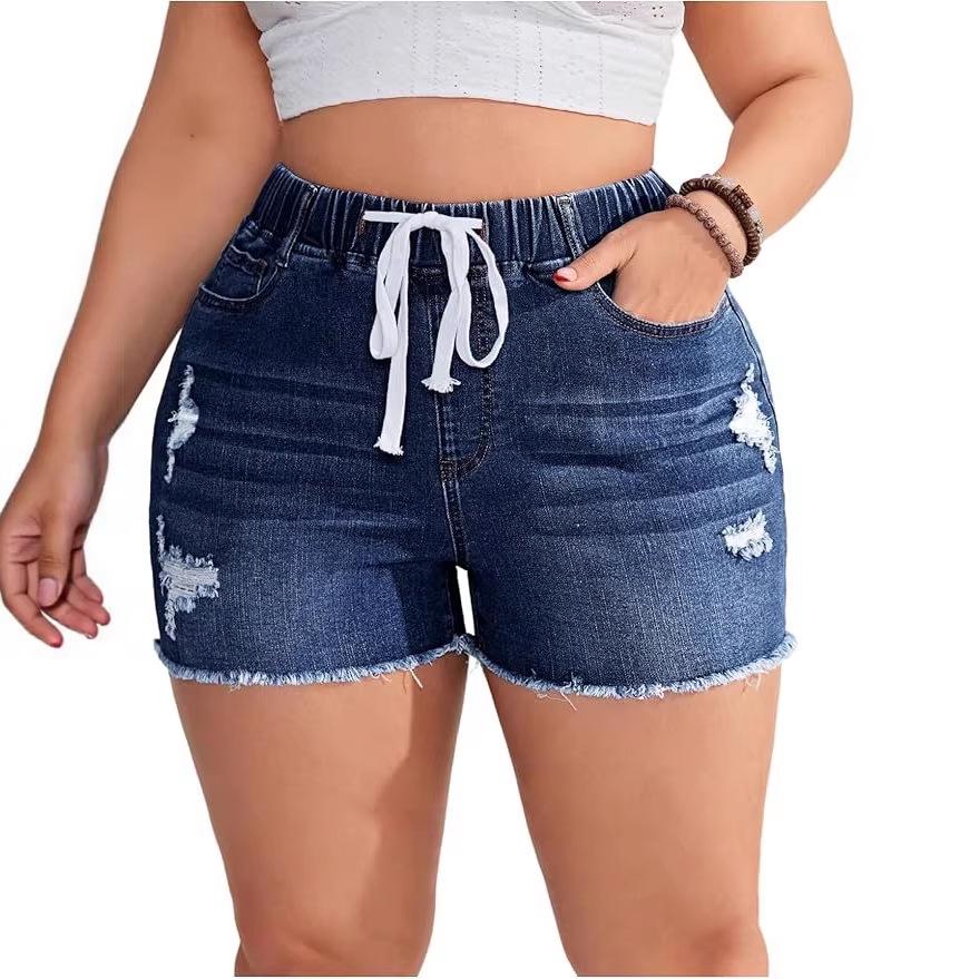 2026 Summer Women s Elastic Waist Ripped Fringe Raw Hem Denim Shorts Double Extra Large