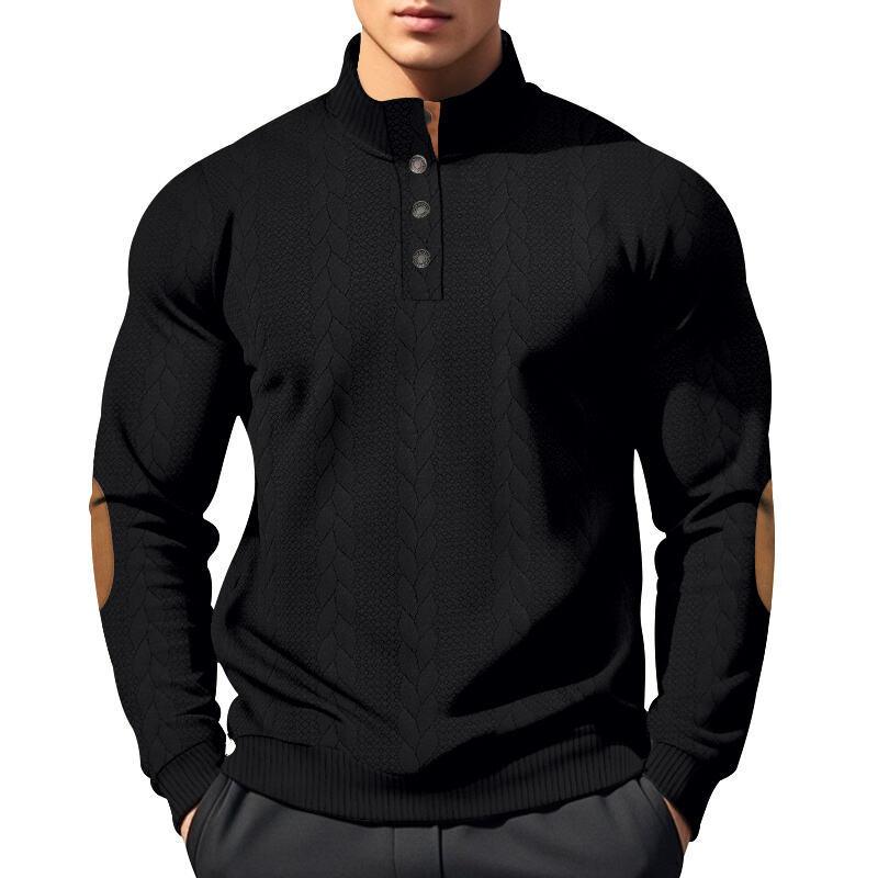 Jacquard Men's Button-Down Stand Collar Patchwork Henley Long-Sleeved Casual Sweatshirt