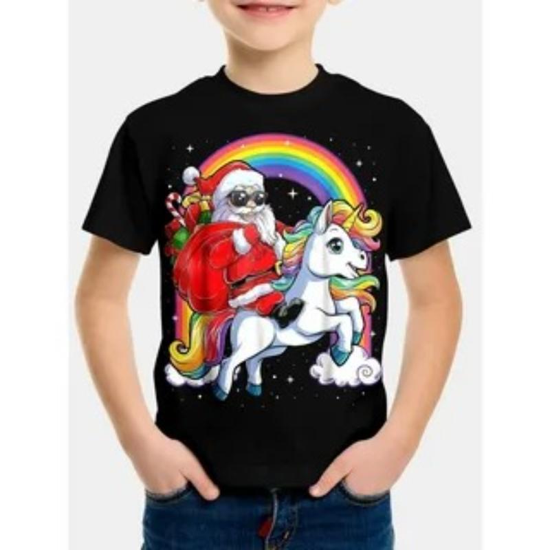 Kinder Weihnachtsmann Bedruckte Neujahrs Rundhals T-Shirts Kinder Unisex Bequemes Vielseitiges Oberteil Kurzarm T-Shirt