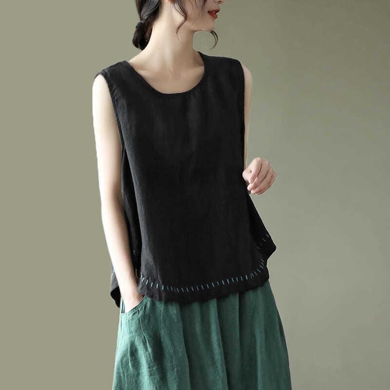 

Solid Color Cotton and Linen Embroidered Vest T-shirt Women s Summer Loose Casual Sleeveless Top S чорний