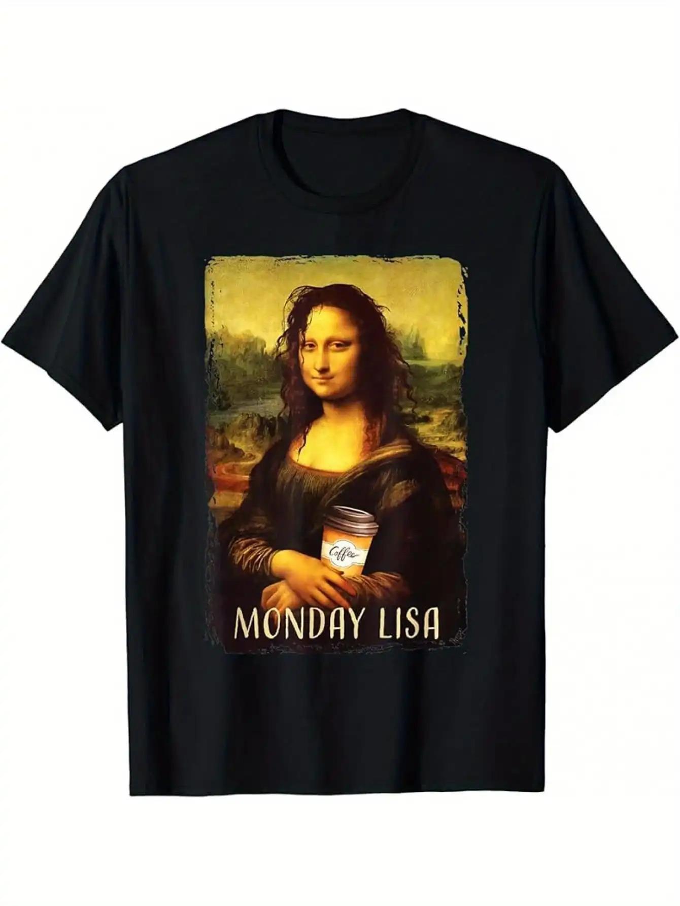 1 Fun Mona Lisa Coffee Lover T-Shirt - Monday Lisa Jokanda with Coffee Cup XL
