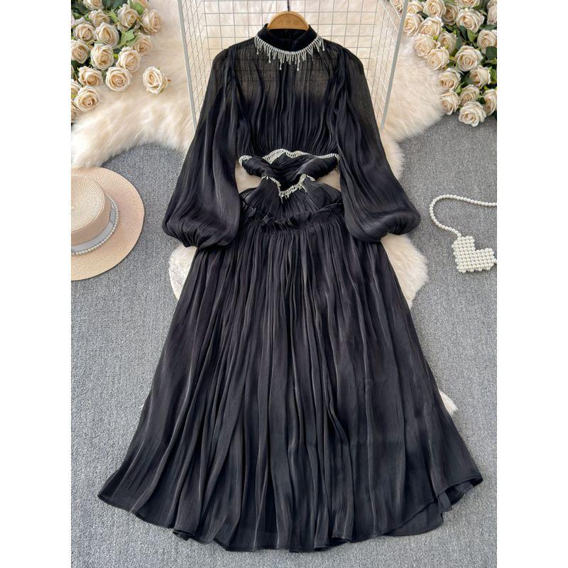 2024 Spring Clothing New Arrival French Fancy Classic Style Western Style Diamond Tassel Pleat and Waisted Long Dress Tide