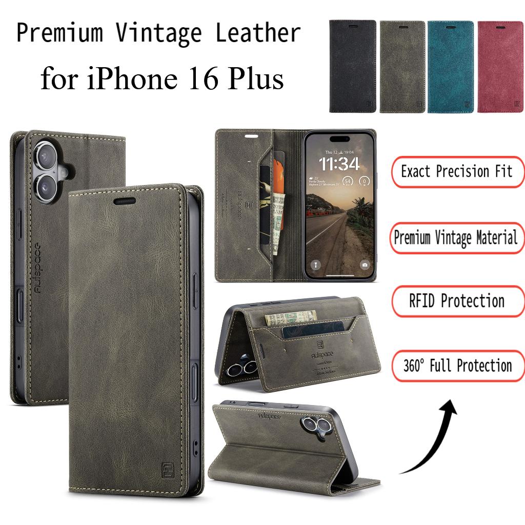 For iPhone 16 Plus Vintage Leather Flip Wallet Case with RFID Blocking Card Slot, Matte Retro Folio Cover for Women Men (4 Colors)