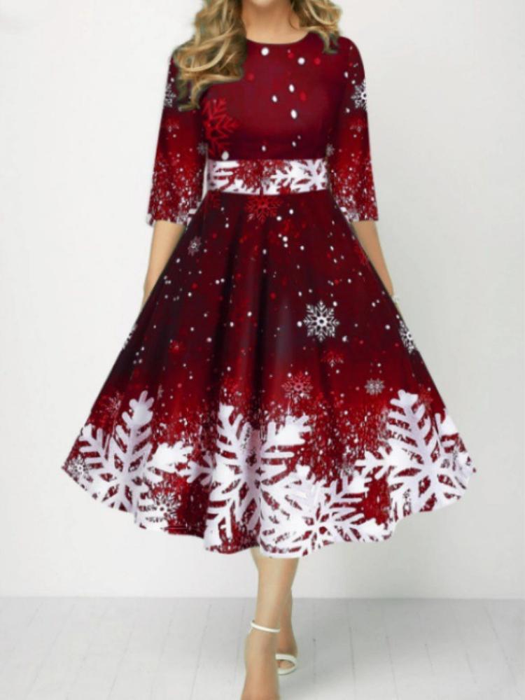 

Рождественская женская мода Персонализированное платье с принтом снежинок, с рукавом средней длины, приталенное 5XL красный
