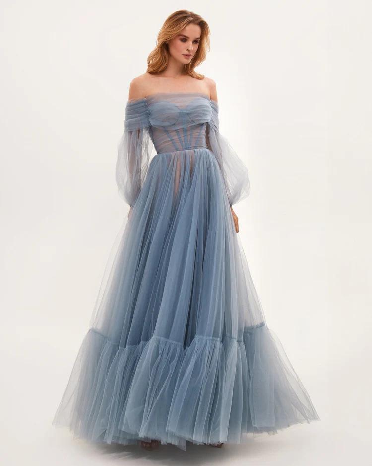New European and American women's clothing one-word shoulder mesh long-sleeved wedding dress big swing dress