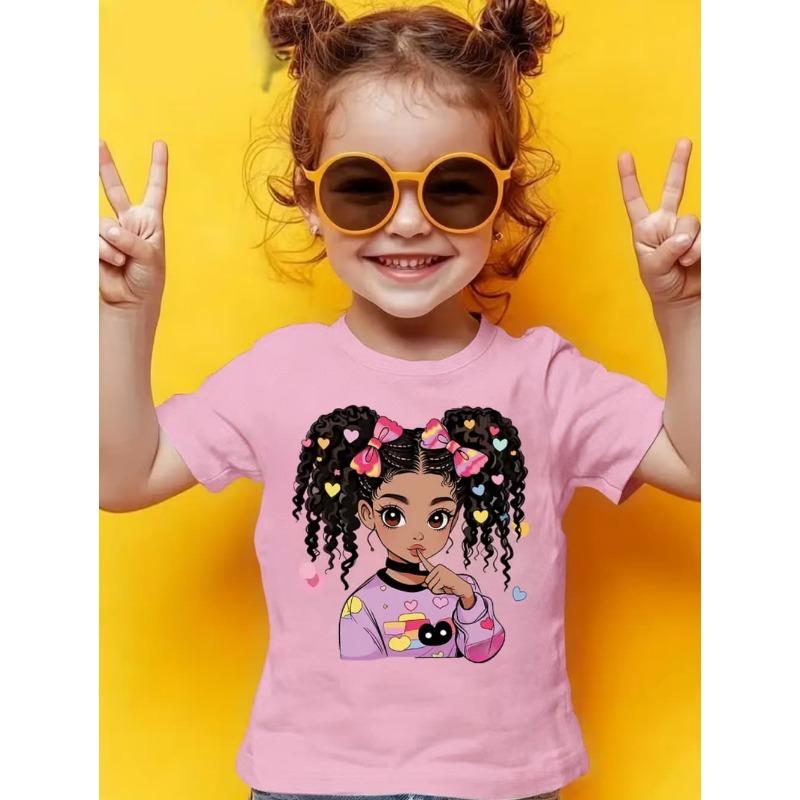 Girls' Summer Crew-Neck Short-Sleeved Top New Black Girls Cute Top Girls Clothes Cartoon Print T-Shirt Top Children's Clothing