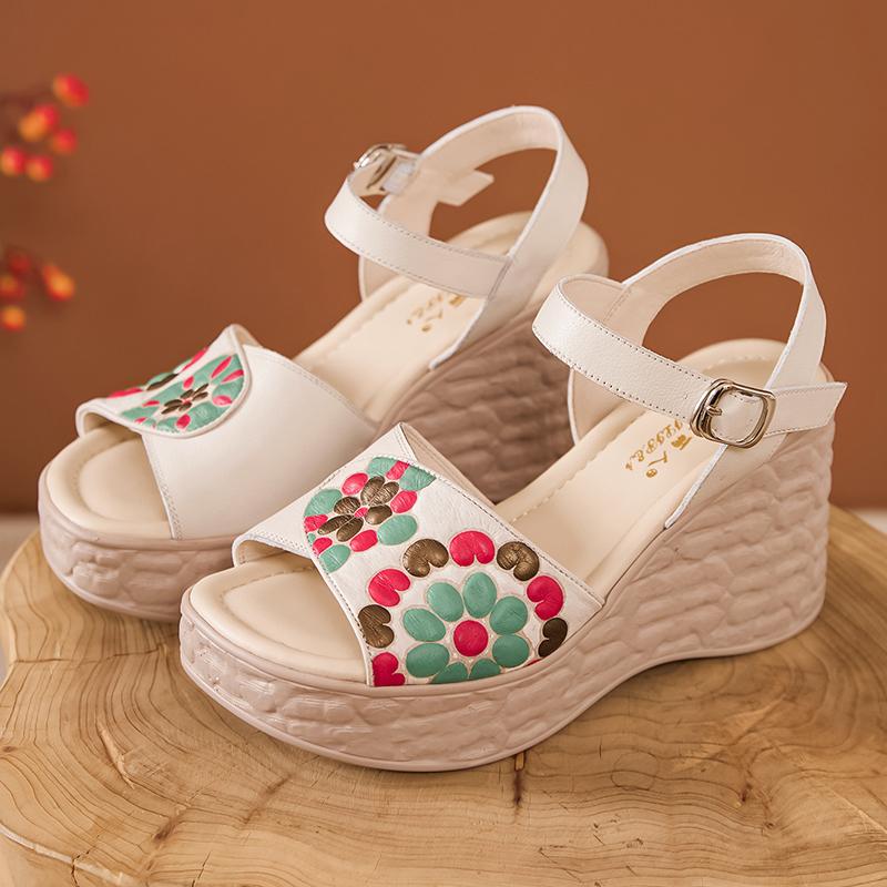 Fashion GKTINOO Wedges Sandals 2025 Summer New High Heels Bohemian Genuine Leather Comfortable Thick Bottom Women's Platform Shoes