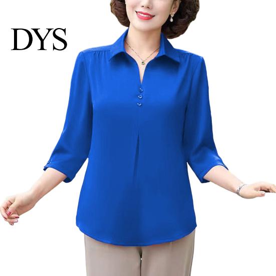 Turn-down Collar Mother Summer Top Buttons Solid Color Three-quarter Sleeves Pullover Match Pants Mid-aged Casual Plus Size Mom Spring T-shirt Women