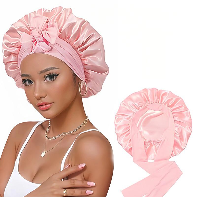 Double-Layer Satin Bow Tie Sleep Cap for Women - Reversible Bandana Style Bonnet for Hair Care