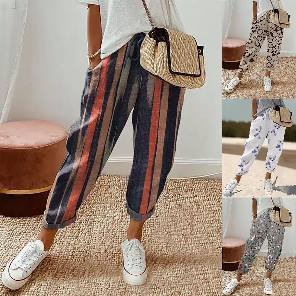2024 European & American Style Print Cotton Linen Casual Pocket Long Pants